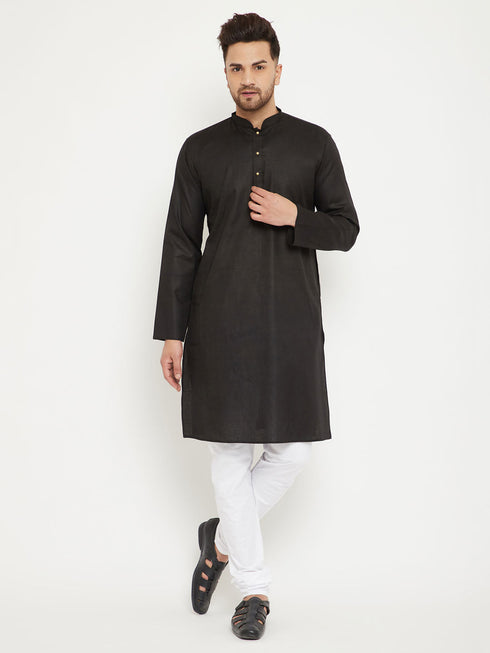 Vastramay Men's Black And White Cotton Blend Kurta Pyjama Set